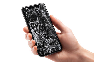 Cracked smartphone held in hand, isolated on a transparent background.