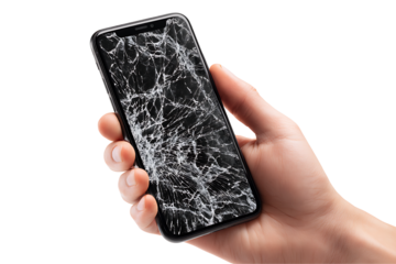 Cracked smartphone held in hand, isolated on a transparent background.