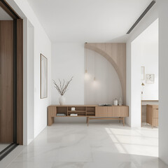 Modern Minimalist Living Room Interior with White Sofa and Wooden Accents