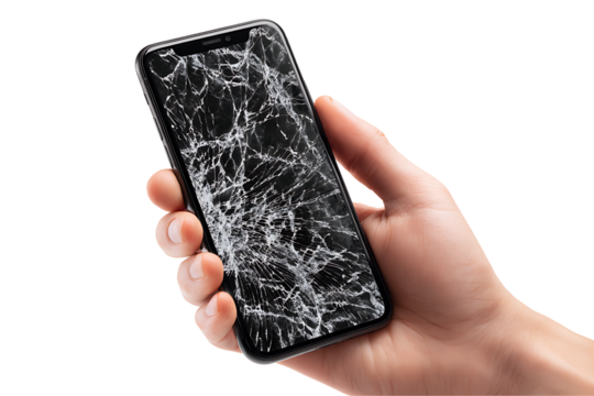 Cracked smartphone held in hand, isolated on a transparent background.
