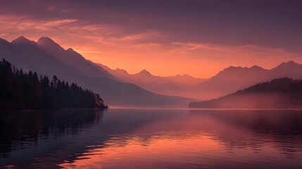 Fototapeta premium Serene lake landscape at sunset with mountain views nature photography scenic peaceful background wallpaper