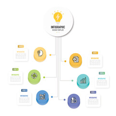 Circular mind map infographic template or element with 6 step, process, option, colorful circle, rectangle, label, icons, button, thin line, minimal, modern style for sale slide, flowchart, workflow