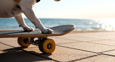 Dog on skateboard enjoying the sunny beach