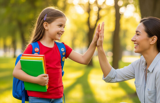 Mom kneels down to give a high-five before school.

