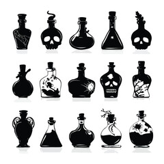 Vector silhouette set of Halloween Potion Bottle isolated in White background, silhouette Set, Halloween theme, Vector illustration 