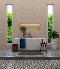 Large luxury modern bright interiors Living room mockup illustration 3D rendering image
