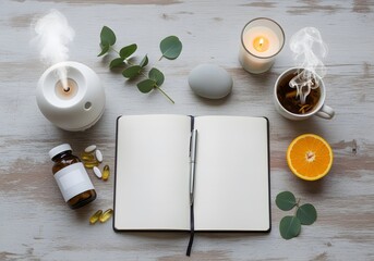 A tranquil flat lay composition for wellness and self-care with a blank journal, tea, and aromatherapy.