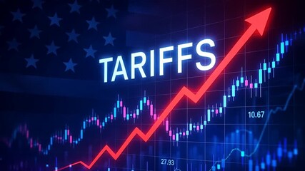 Red upward arrow over futuristic market charts and american flag backdrop with tariffs text, symbolizing tariff increase and import tax trends - Powered by Adobe