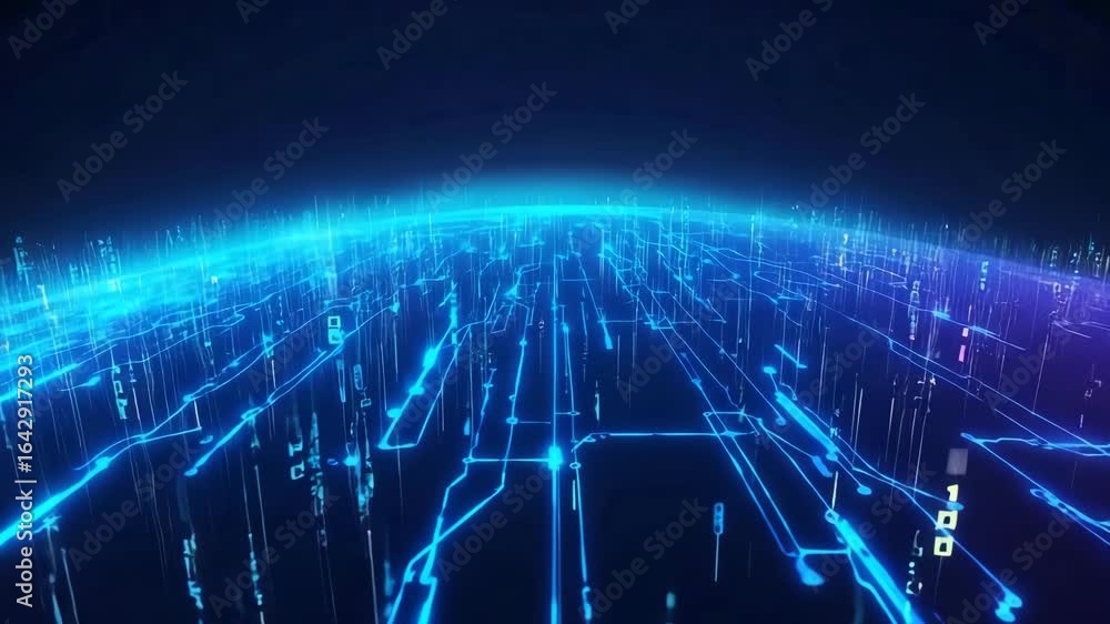 Poster flowing neon blue lines and binary elements creating a high-speed digital landscape, perfect for con
