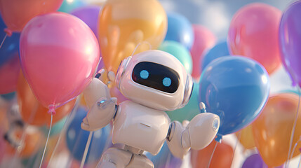 Joyful robot celebrates with colorful balloons, a vibrant scene of AI fun and futuristic festivity