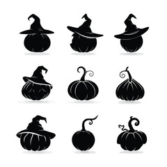 Vector silhouette set of Halloween Pumpkin with Witch Hat isolated in White background, silhouette Set, Halloween theme, Vector illustration 