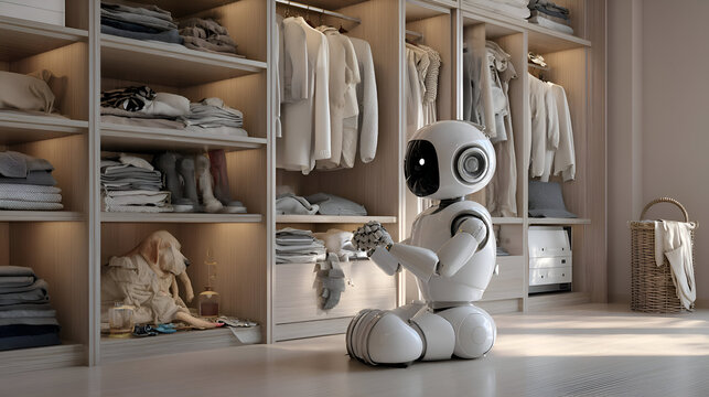 Futuristic robot assists with modern home organization, showcasing smart technology in a stylish closet setting