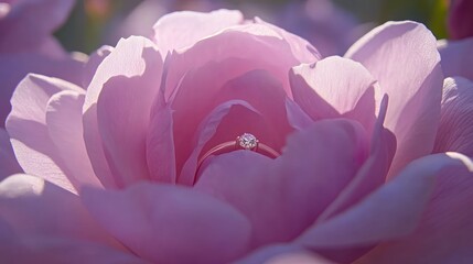 Fototapeta premium Engagement ring nestled within the petals of a romantic blooming pink rose flower