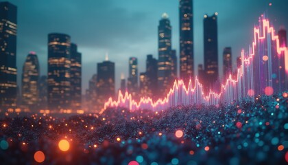 Stock market graph over illuminated city skyline at night