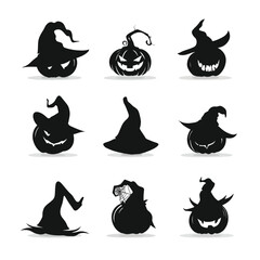 Vector silhouette set of Halloween Pumpkin with Witch Hat isolated in White background, silhouette Set, Halloween theme, Vector illustration 