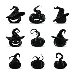 Vector silhouette set of Halloween Pumpkin with Witch Hat isolated in White background, silhouette Set, Halloween theme, Vector illustration 