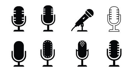 Collection of microphone icons in various styles for podcasting and broadcasting