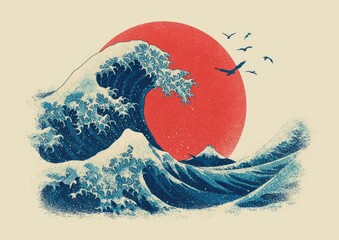 A stylized wave graphic with sun