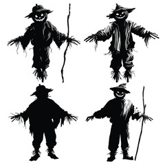 Vector silhouette set of Halloween Pumpkin-headed Scarecrow isolated in White background, silhouette Set, Halloween theme, Vector illustration 