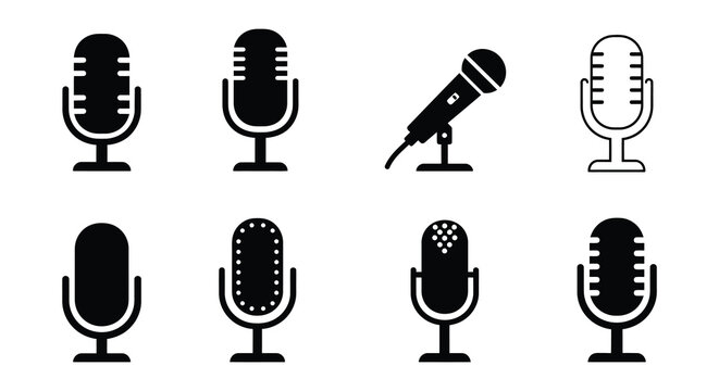 Collection of microphone icons in various styles for podcasting and broadcasting