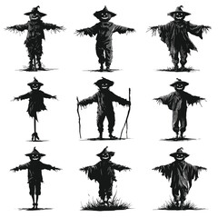 Vector silhouette set of Halloween Pumpkin-headed Scarecrow isolated in White background, silhouette Set, Halloween theme, Vector illustration 