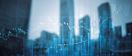 The financial data visualization overlaid on a modern city skyline.