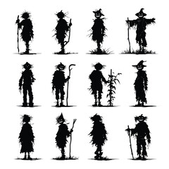 Vector silhouette set of Halloween Pumpkin-headed Scarecrow isolated in White background, silhouette Set, Halloween theme, Vector illustration 