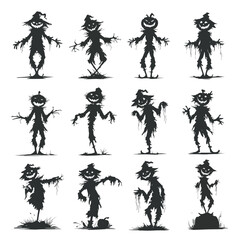 Vector silhouette set of Halloween Pumpkin-headed Scarecrow isolated in White background, silhouette Set, Halloween theme, Vector illustration 