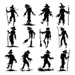 Vector silhouette set of Halloween Pumpkin-headed Scarecrow isolated in White background, silhouette Set, Halloween theme, Vector illustration 