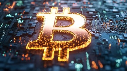 Glowing Bitcoin on Circuit Board. - Powered by Adobe