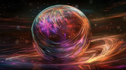 Glowing multicolored sphere with swirling light patterns in space