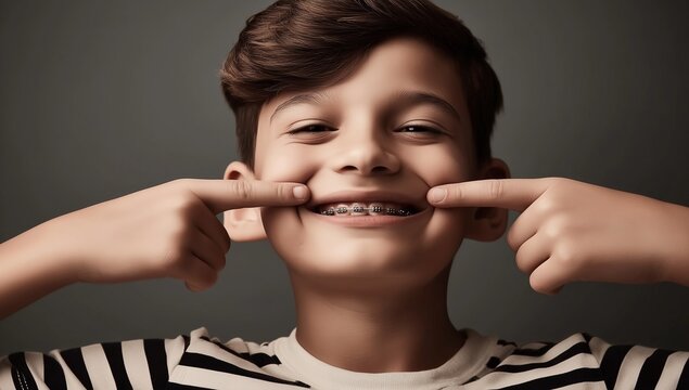 Smiling boy with braces pointing at teeth