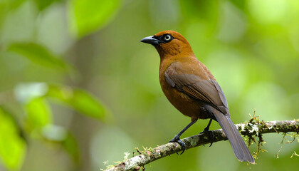 Fototapeta premium Black and Brown Bird Perched on a Branch in a Lush Forest