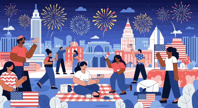 Joyful crowd celebrates Independence Day with fireworks and American flags in a vibrant city scene