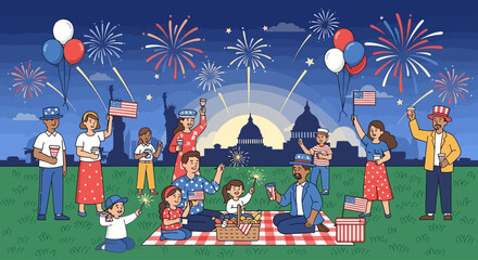 Joyful families celebrate Independence Day with fireworks and picnics, embodying national pride and festive spirit.
