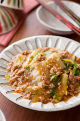 【白菜の麻婆炒め】冬に旬を迎えた白菜を豚挽肉と中華風に仕上げた麻婆炒め。