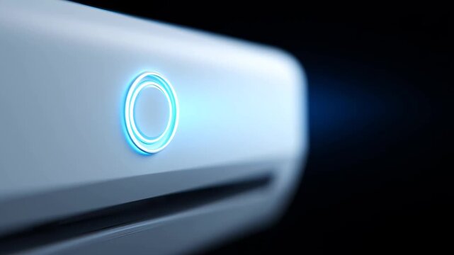 Modern home air conditioner appliance featuring glowing blue light power button for efficient cooling system and comfortable indoor climate care
