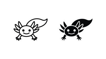 Naklejka premium Cute Axolotl Cartoon Icons: Line Art and Solid Black Versions, Happy Expression, Aquatic Animal Illustration, Perfect for Children's Products, Websites, and Branding.