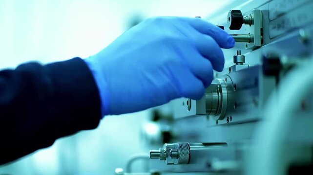 Close-up of a gloved hand adjusting a precision instrument in a sterile laboratory environment