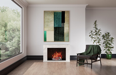 Large luxury modern bright interiors Living room mockup illustration 3D rendering image
