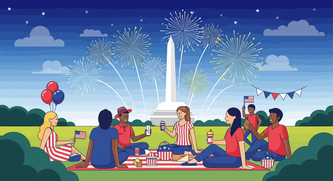 Joyful diverse families celebrating Independence Day with fireworks picnic at iconic monument - Powered by Adobe
