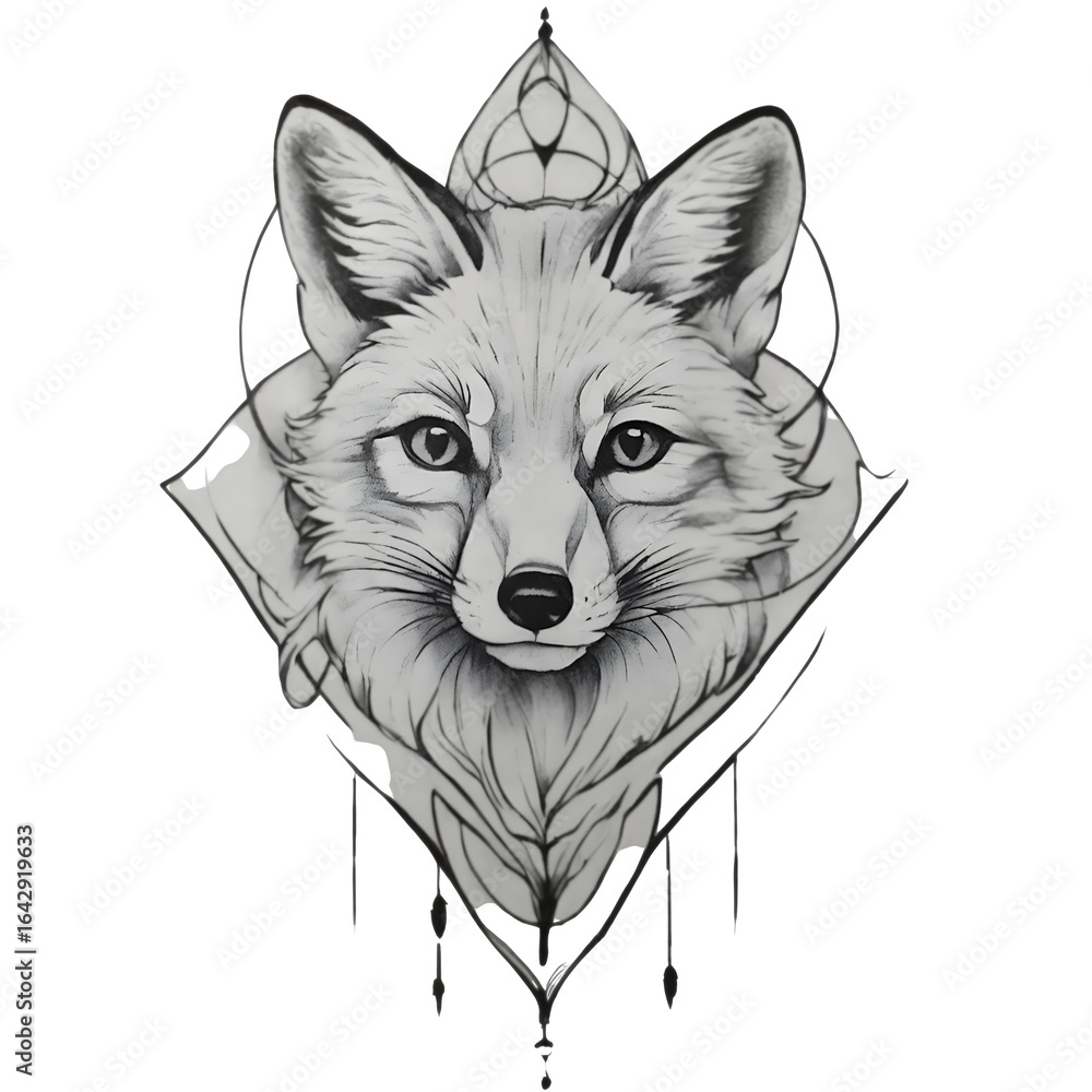 Poster intricate black and white artistic rendering of a fox head with geometric and mystical elements isol
