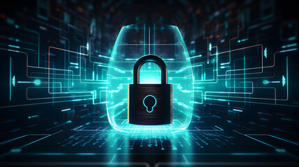 Visualization of digital cybersecurity featuring glowing lock and shield