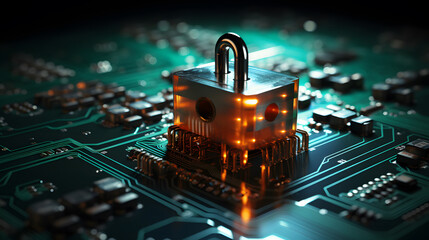 Visualization of digital cybersecurity featuring glowing lock and shield