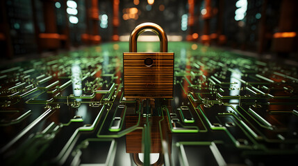 Visualization of digital cybersecurity featuring glowing lock and shield
