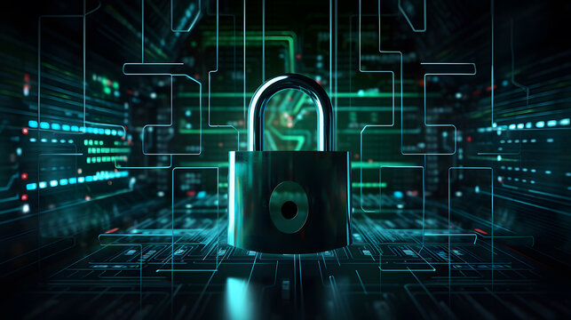 Visualization of digital cybersecurity featuring glowing lock and shield