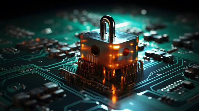 Visualization of digital cybersecurity featuring glowing lock and shield