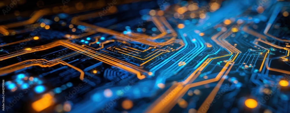 Poster the intricate design of glowing electronic circuits illuminated in vibrant colors.