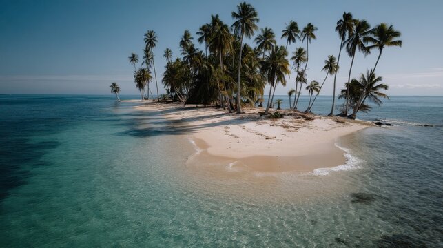 Aerial view of a secluded tropical atoll with turquoise lagoon and lush coconut palms swaying on white sandy beach with open space for design