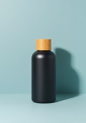 Charcoal Black Shampoo Bottle with Wooden Cap on Flat Pale Blue